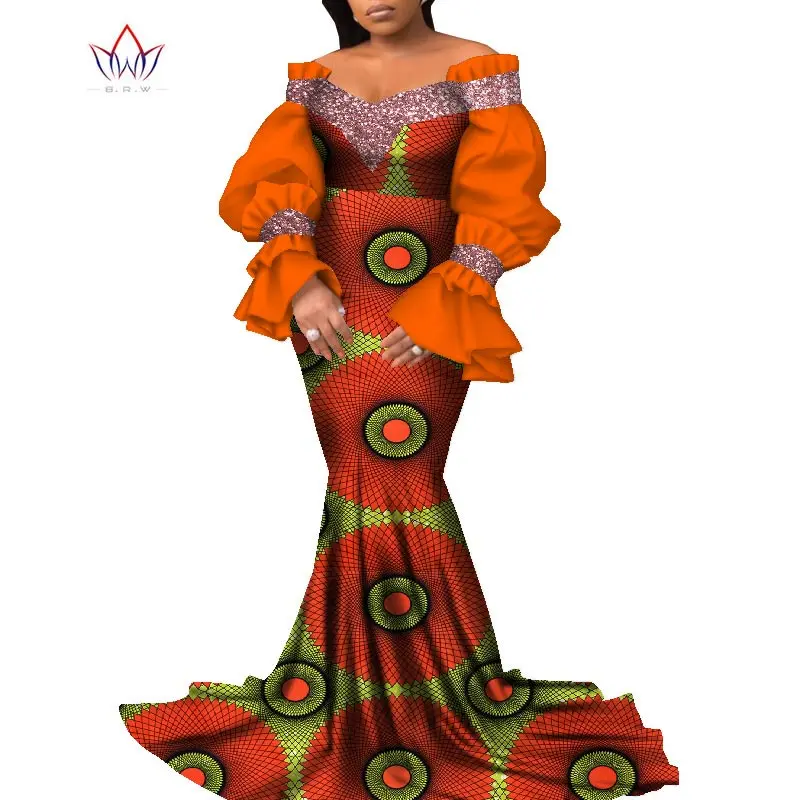 Bintarealwax Sexy Puff Sleeve Party Dress Elegant Africa Wax Print Vintage Dresses Women Strapless Floor- length Dress  WY8799