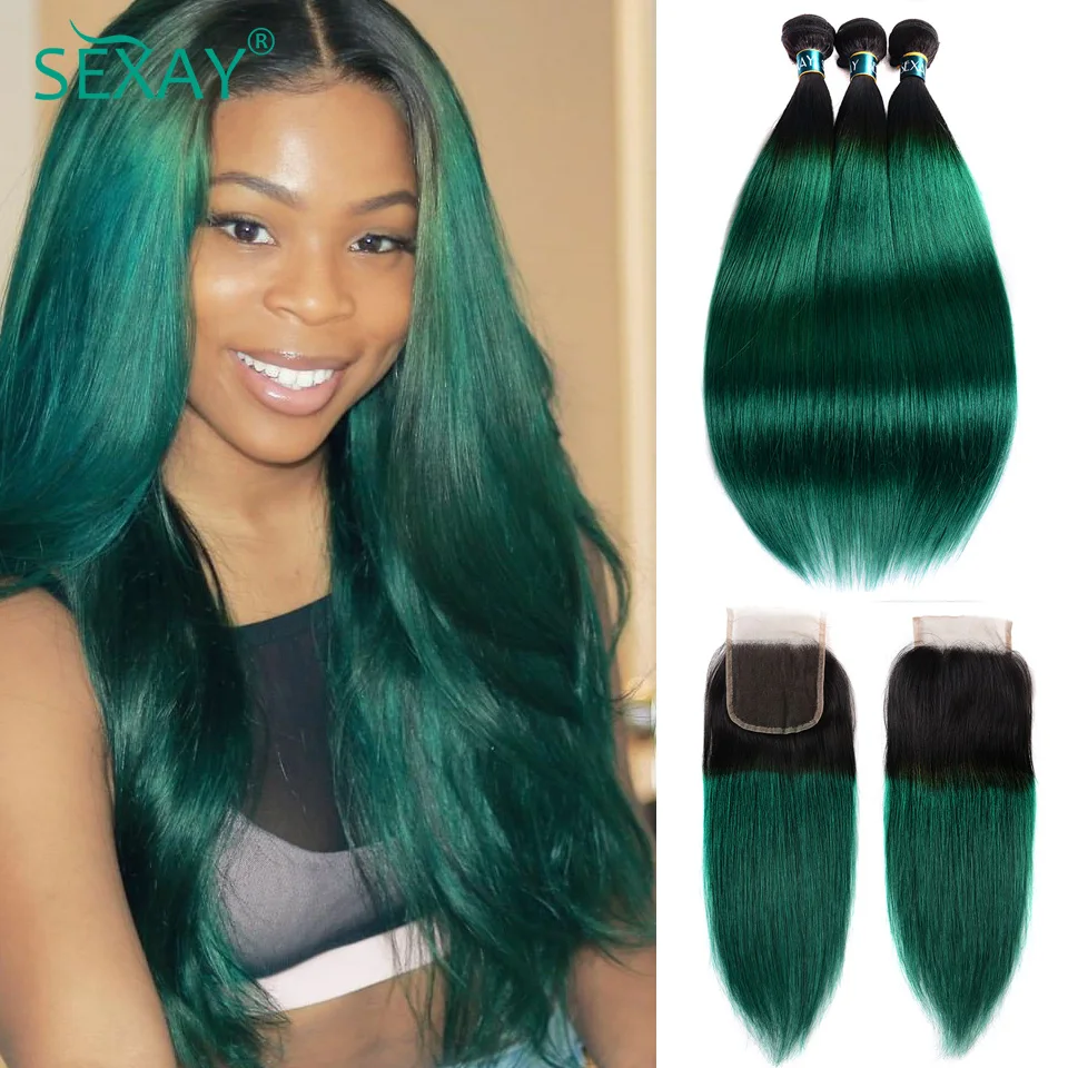 Sexay Turquoise Straight Bundles With Closure Ombre Green Brazilian Human Hair Weave Bundles With 4x4 Lace Closure Middle Part