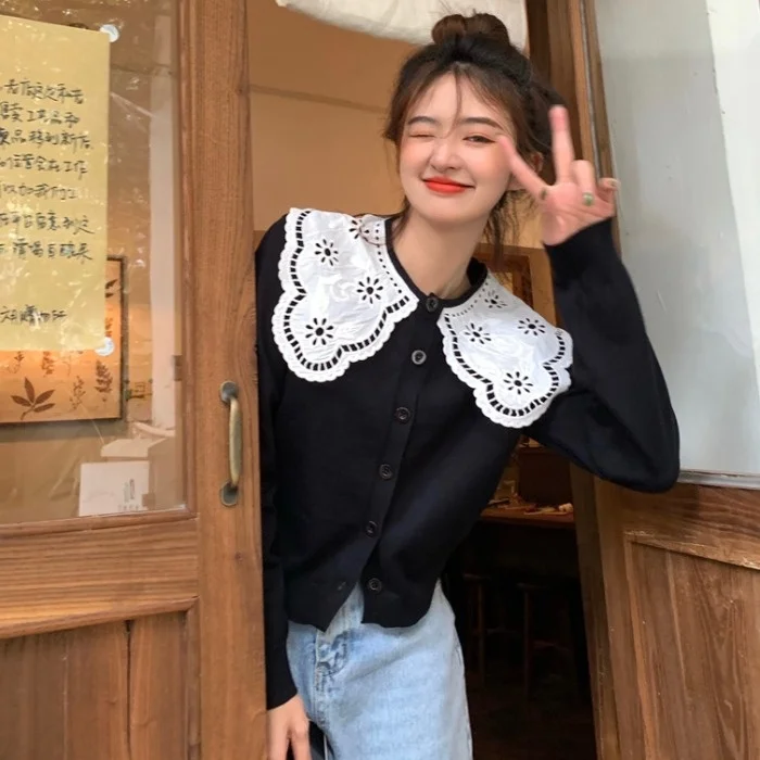 Женский однобортный свитер с кружевными лацканами Новинка осени 2021 модный
