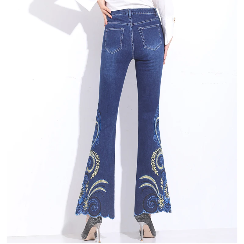 FERZIGE Women Jeans High Waist Flare Pants Embroidered Florals Blue Stretch Famous Brand Mom Trousers Femme Push Up 36 | Женская одежда