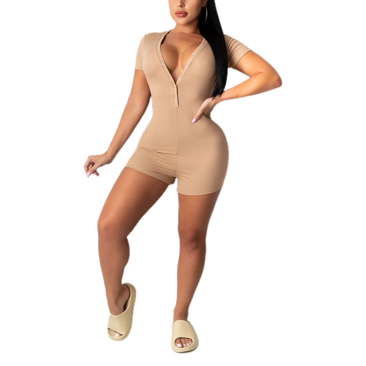 

Women Sexy Romper Solid Color Short Sleeve Snap Closure V-neck Playsuit short pants jumpsuit Pit bar knitting Pit stripe Fabric