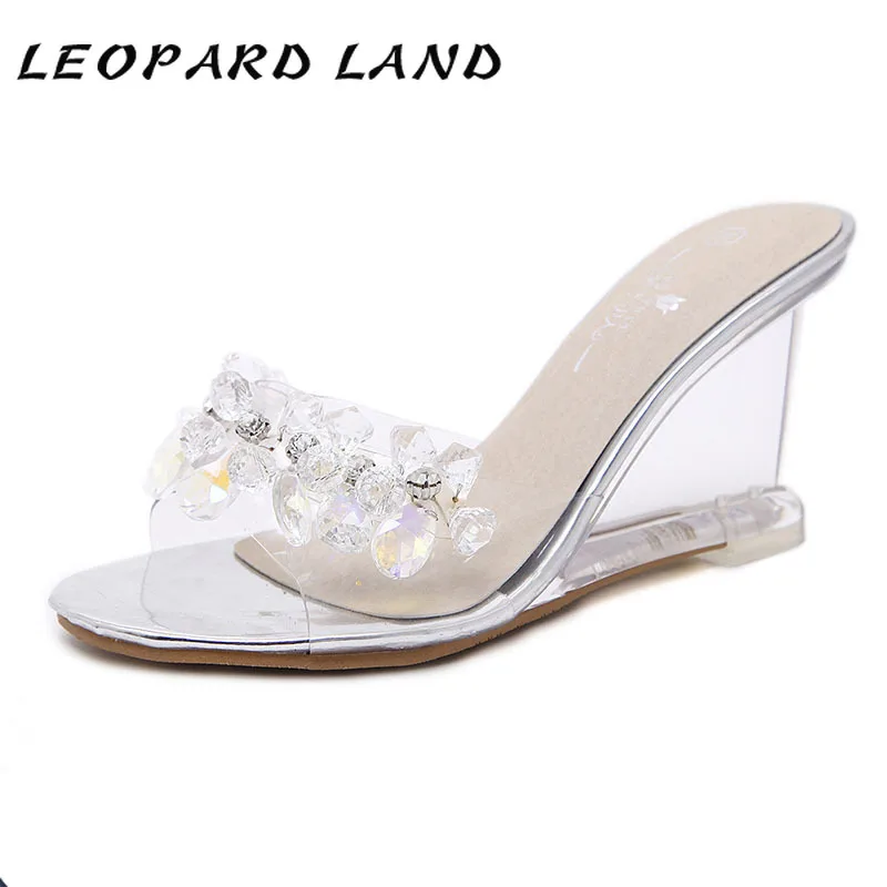 LEOPRAD LAND/женские шлепанцы со стразами; босоножки на танкетке; женские пикантные прозрачные босоножки на высоком каблуке со стразами; LFD-883-5