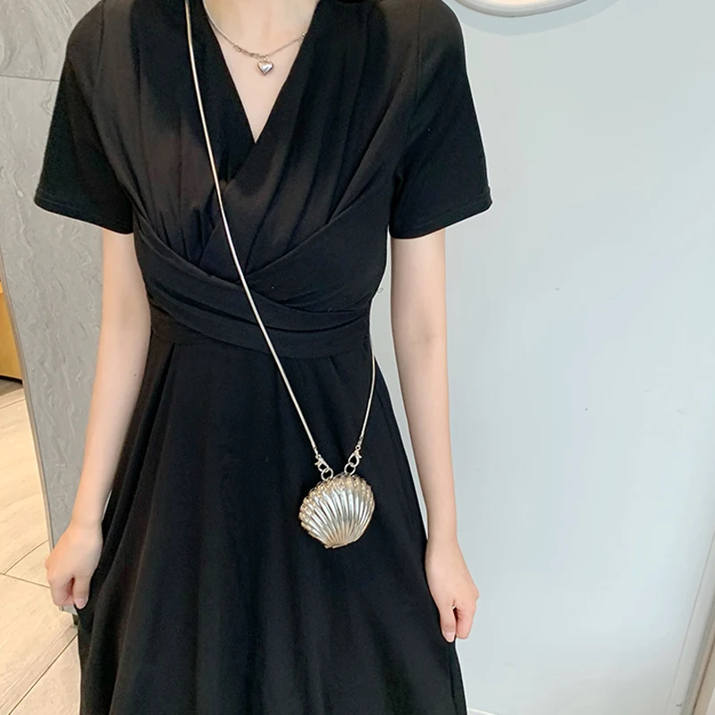 

New 2021 Summer Elegant Women Dresses V-Neck Short Sleeve High Waist Dress Female Solid Slim Office Lady Midi Dress Elegant