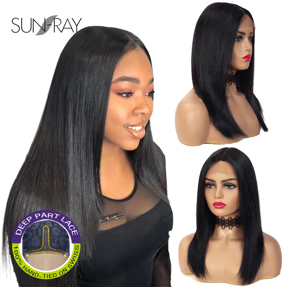 

Brazilian Remy Long Straight Bob Lace Part Human Hair Wigs for Black Women T Middle Lace Part Glueless Wigs 18 inch