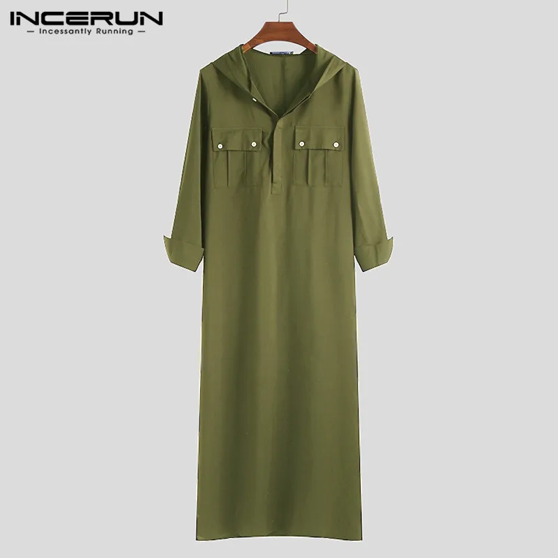 Army Green Мусульманский кафтан, мусульманская одежда с капюшоном, однотонные халаты с длинными рукавами, модная одежда, Саудовская Аравия Средний Восток, для мужчин, jubba tobe abaya INCERUN 5XL - Цвет: Army Green