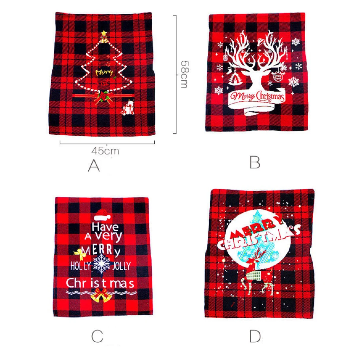 

Christmas Chair Cover Red Plaid Christmas Deer Snowflake Printing Decorative Stool Mat for Family