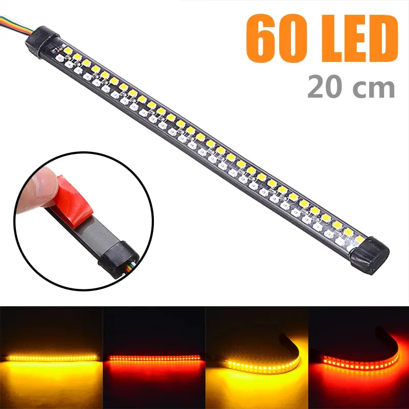

1pc Motorcycle 60 SMD LED Light Bar Strip Red Tail Brake Stop Flashing Light Yellow Flowing Water Turn Signal DIY Accessories