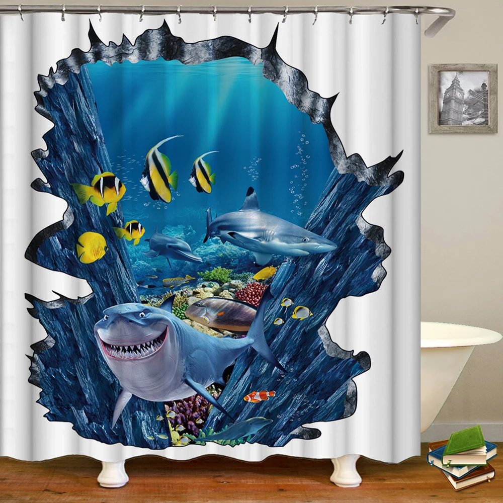 

Забавные шторы для душа в виде акулы, водонепроницаемая ткань, 3d занавески для ванной комнаты, с мультяшным дельфином в океане, с крючками, д...
