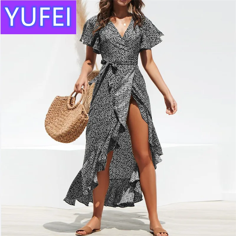

HiloRill Summer Beach Maxi Dress Women Floral Print Boho Long Dress Ruffles Wrap Casual V-Neck Split Sexy Party Dress Robe Femme