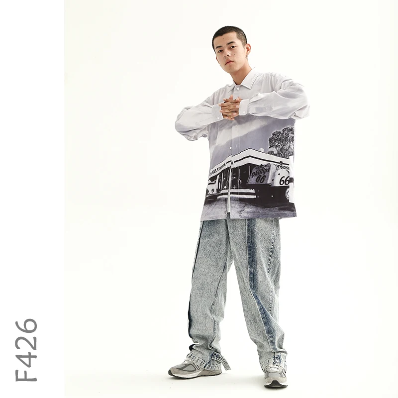 

F426 Western Gas Station Digital Printing Unisex Harajuku Shirt Long Sleeve Shirt Street Wear Oversized Men Shirt Hip Hop