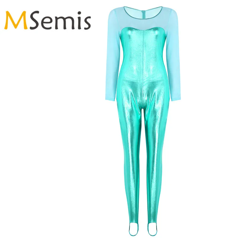Женский Облегающий комбинезон трико боди цельный Блестящий металлический