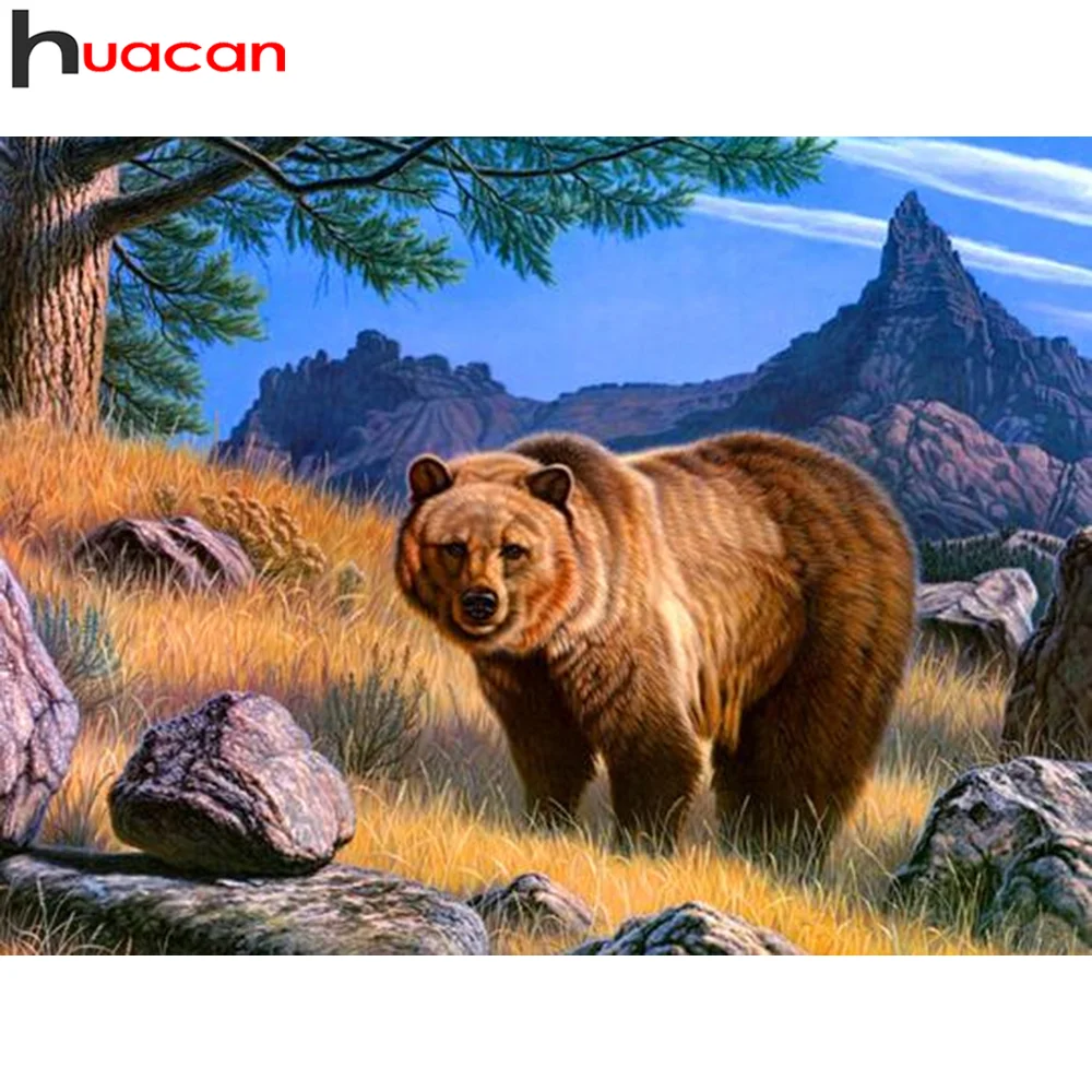 

Алмазная живопись Huacan, мозаика с медведем, полная вышивка квадратными/круглыми стразами, Настенный декор с животными, натуральная Гора