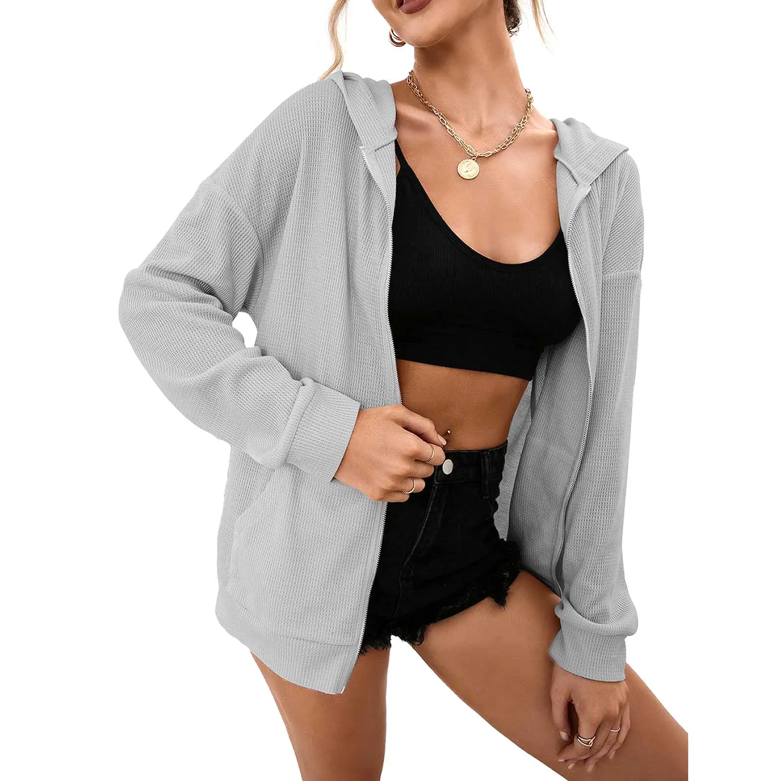 

Женская Повседневная Толстовка с капюшоном, одежда на осень и весну 2021, однотонный Кардиган с длинным рукавом и карманами для взрослых, толс...