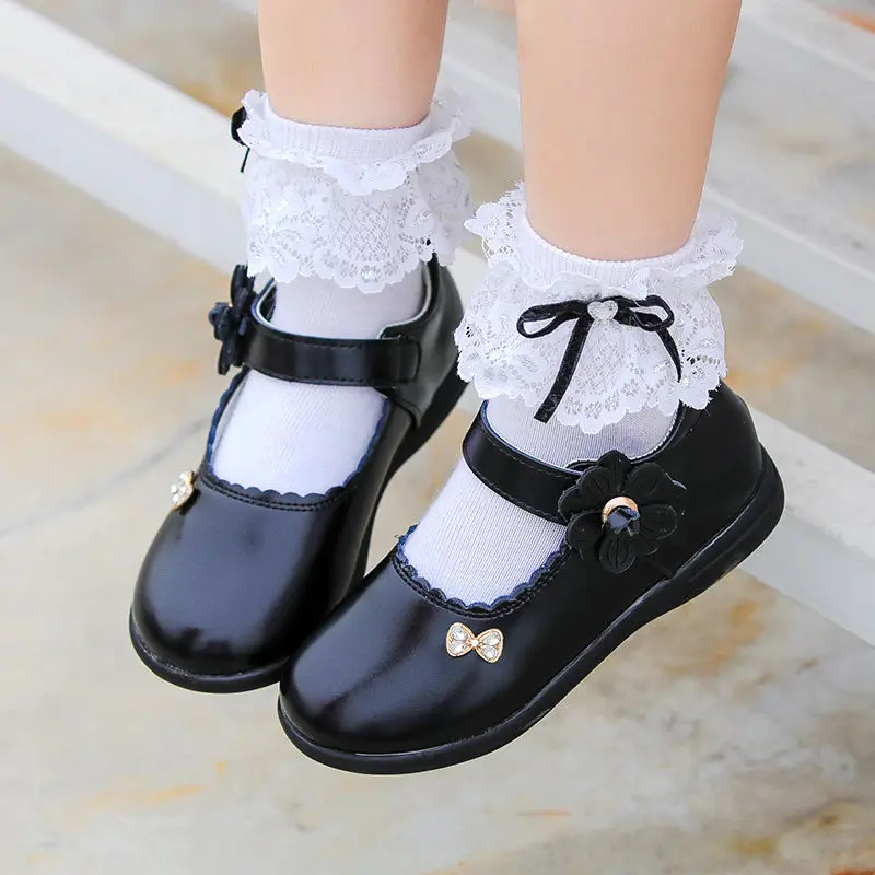 Обувь кожаная детская для девочек, модная церемониальная школьная обувь принцессы с цветами, черная Нескользящая износостойкая обувь с мяг...