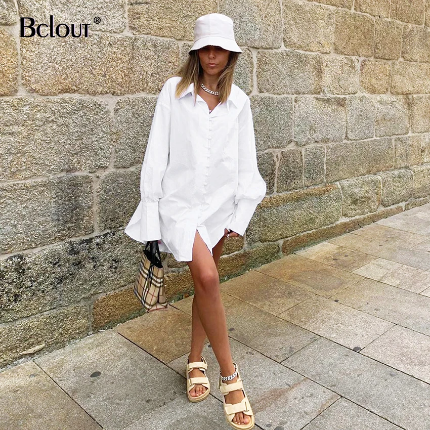 

Bclout White Button Up Blouse Shirt Office Loose Long Sleeve Tunic Tops Turn Down Collar Casual Women Top Spring Cotton Mujer