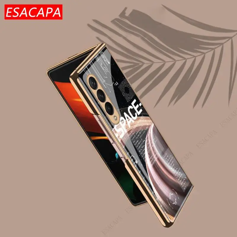 painted pattern glass shockproof phone case for samsung galaxy z fold 3 5g folding plating edge hard case for samsung z fold3 5g free global shipping