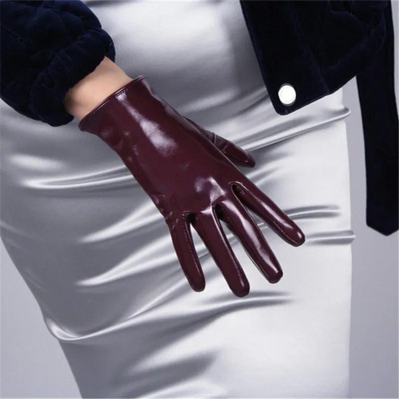 Leather Wine Red Новинка, 21 см, короткие перчатки с сенсорным экраном, искусственная кожа, лакированная кожа, темно-коричневые, кофейные, черные, белые женские перчатки из искусственной кожи, WPU98-21 - Цвет: Leather Wine Red