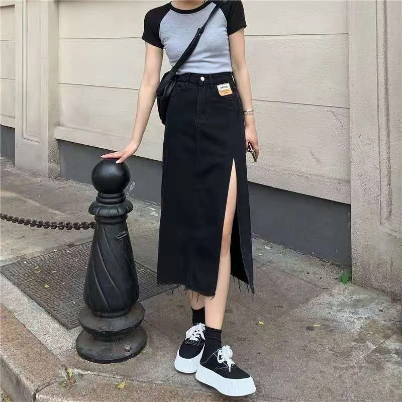 

Etienne Jr Women High Waist Maxi Skirts All-Match Loose Split Denim Skirt Solid A-line Midi Skirts