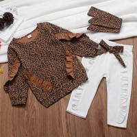 kids clothing girl leopard print flounces jacket hoodie bowknot pants hair belt three piece set jump suit for kids girls