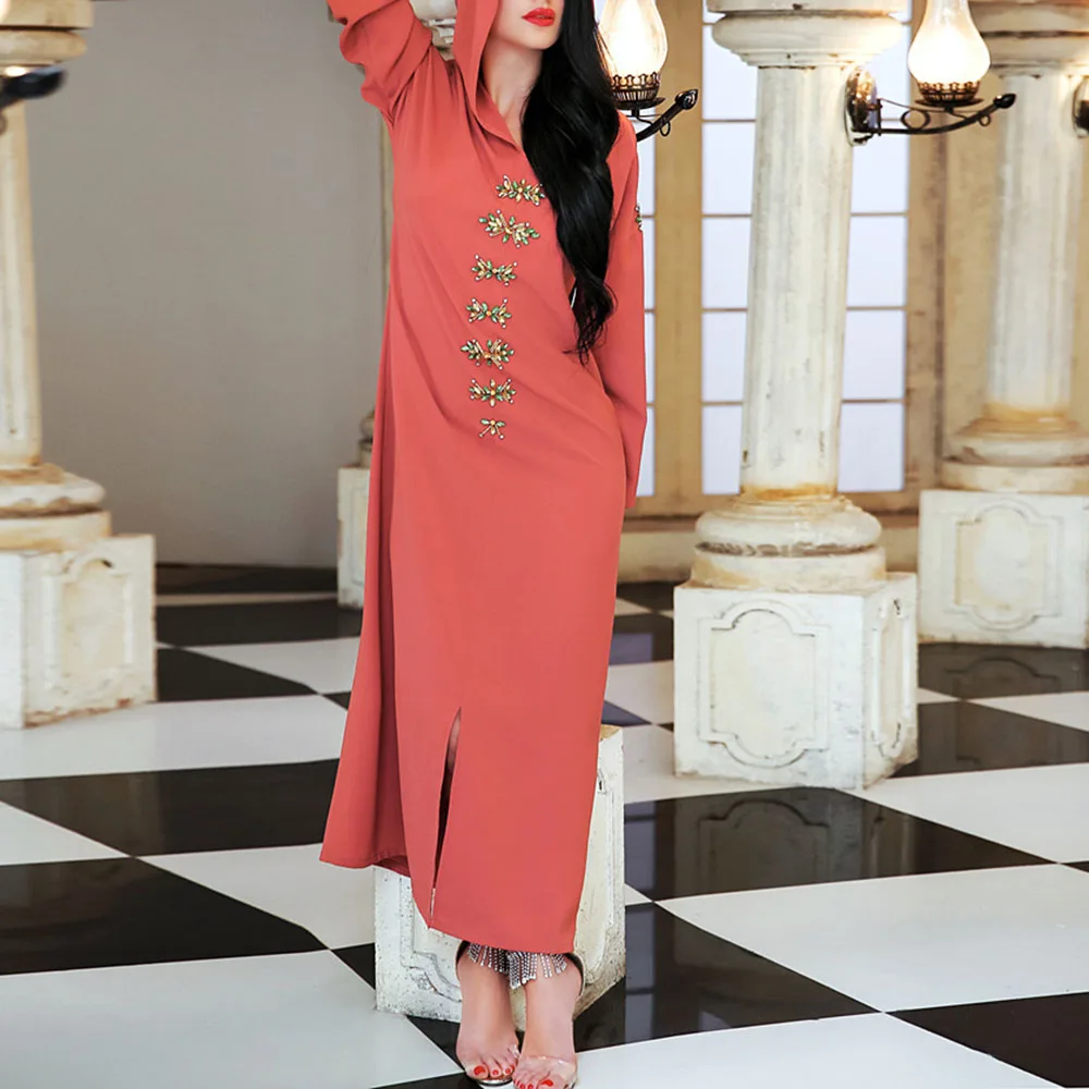 

2021 Summer New Muslim Fashion Western Style Handmade Beading With Hood Solid Color Women's Dress Split Fork Long Sleeve