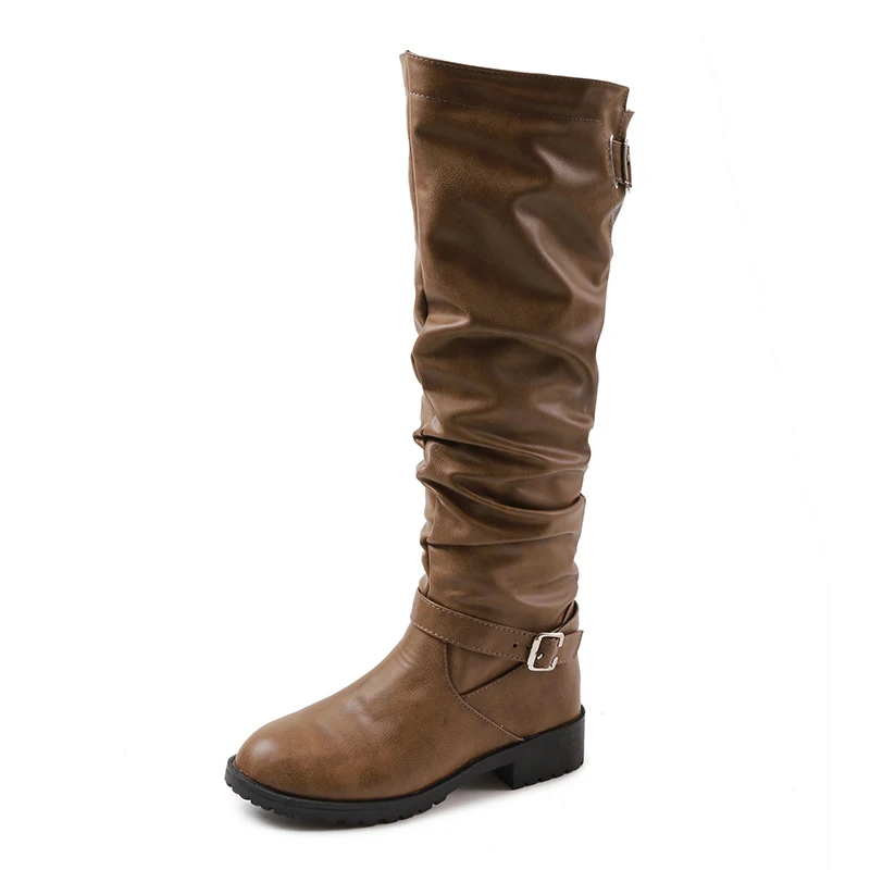 Khaki Женские ботинки; сезон весна-осень; ботинки с пряжкой на ремешке; botas; женские эластичные ботинки из искусственной кожи; женские черные сапоги до колена в римском стиле - Цвет: Khaki
