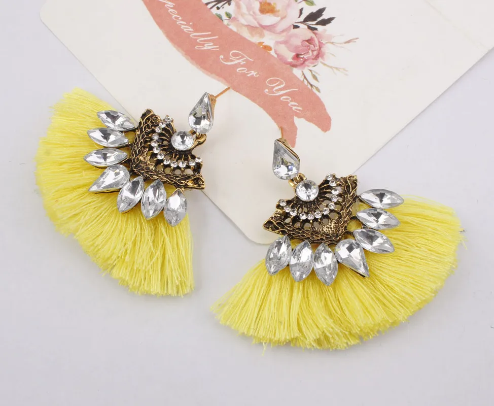 Bohemian Green Rhinestone Earrings Handmade Women Tassel Statement Luxury Long Crystal Earring Geometric Fringe Ethnic Tassle | Украшения и