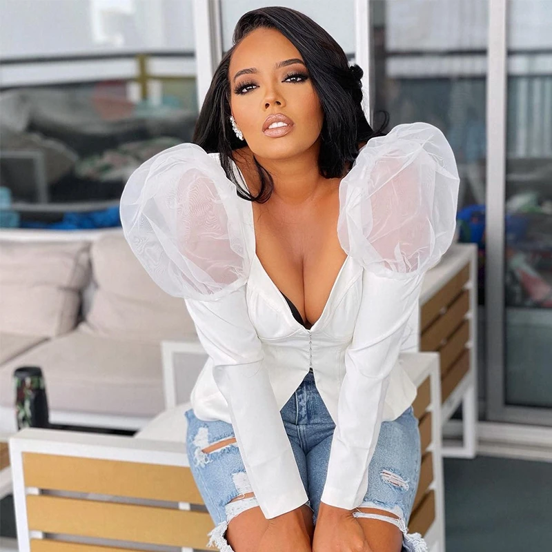 

2021 Для женщин плетением в стиле пэчворк Однотонная рубашка сексуальный глубокий v-образный вырез Пышное Sleecve Топ Повседневное блузка на пуг...