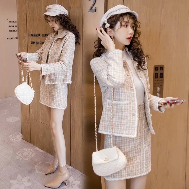 

2020 autumn women's fashion lotus leaf collar single-breasted woolen plaid jackets+skirts suits female plus size two piece sets