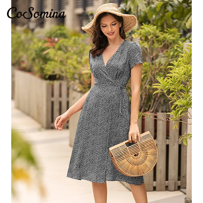 

CoSomina Elegant V-neck Wrap Dress Summer Women High Waist Lace Up Split Sexy Dress Female Short Sleeve Print Ladies Dress
