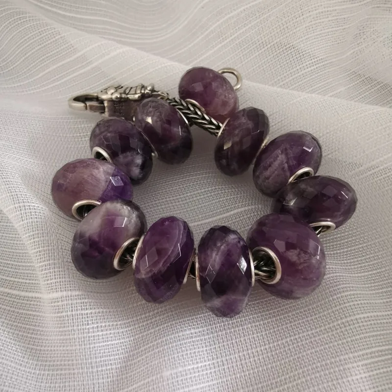 925 Sterling Silver Beads Charm Natural Stone round Section Amethyst Fit European Troll 3.0mm Bracelet Jewelry