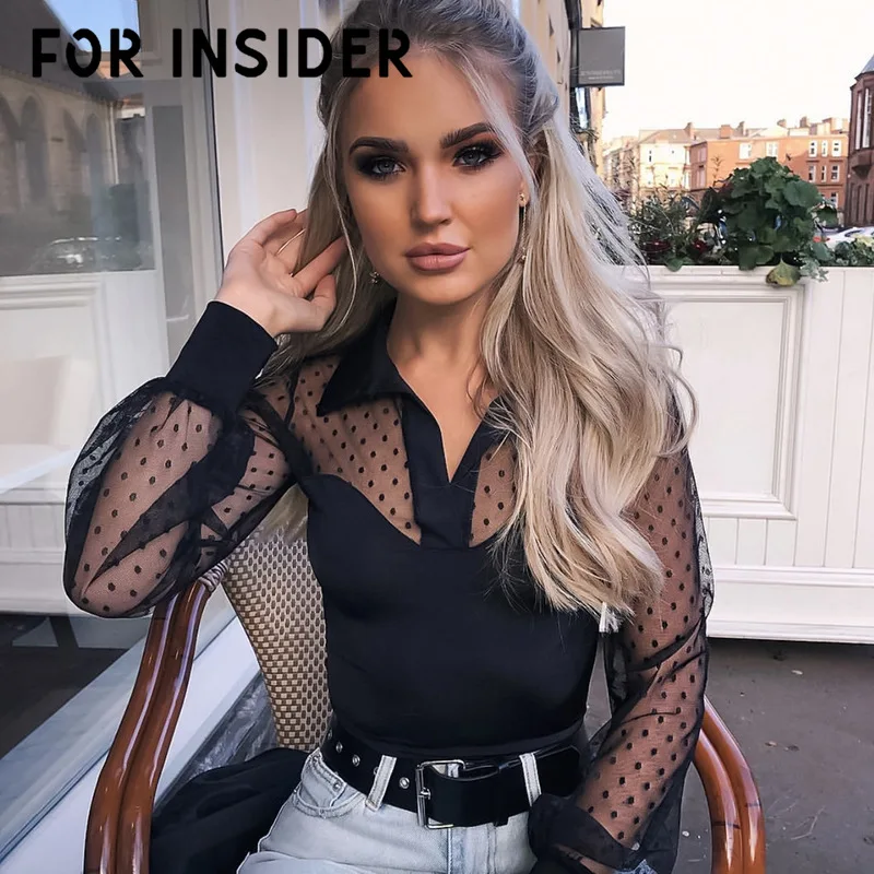 Повседневная белая блузка в горошек сеточку для женщин черная сексуальная