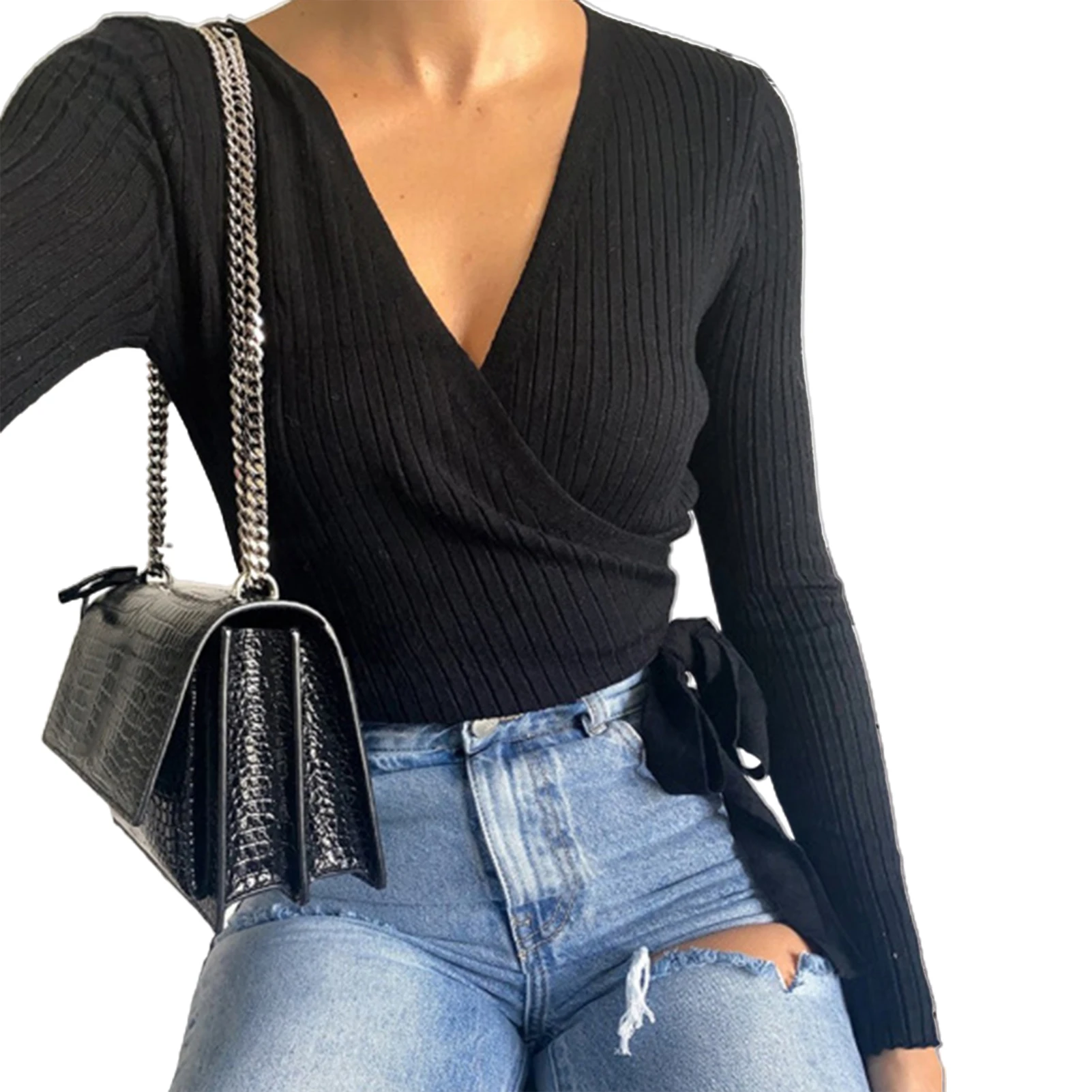 

Elegant Solid Color V Neck Lantern Sleeve Lacing up Wrap Sweater Women 2020 Spring Fall OL Cardigan Knitted Jumpers Ladies Tops