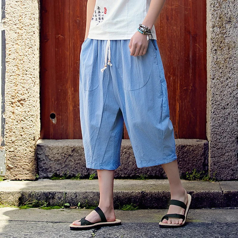 Летние Пляжные штаны мужские шорты в китайском стиле свободные льняные