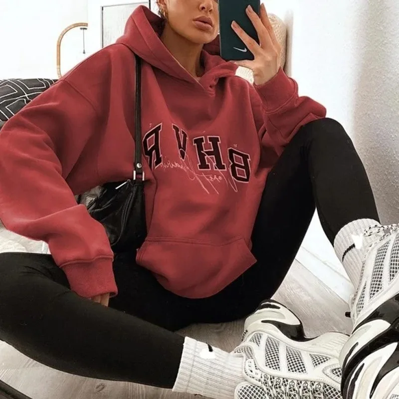 

Win Red Letters Print Vintage Thick Warm Plus Size Hoodies Women Sweatshirt Winter Pullovers New Brand Fashion Tops Teen Clothes