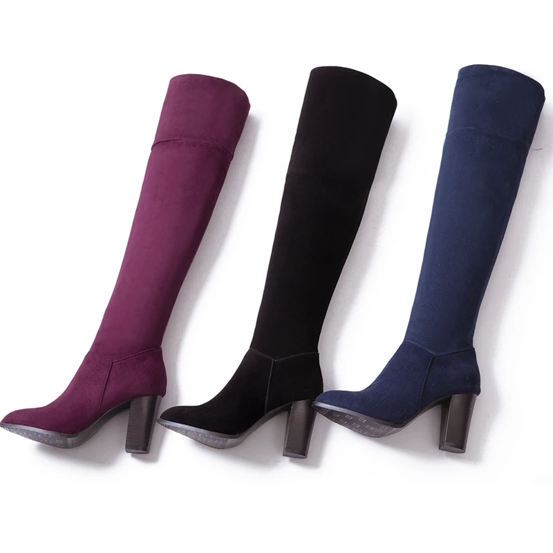 

Hjwsfdcai Sexy Pointed Toe Stretch Suede Women Over The Knee Boots Chunky Heel Fashion Zipper Ladies Long Shoes For Women Heels