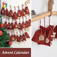 1set christmas bag linen wooden label set christmas advent calendar packaging bag red brown 24 bags 24 wooden labels and twine