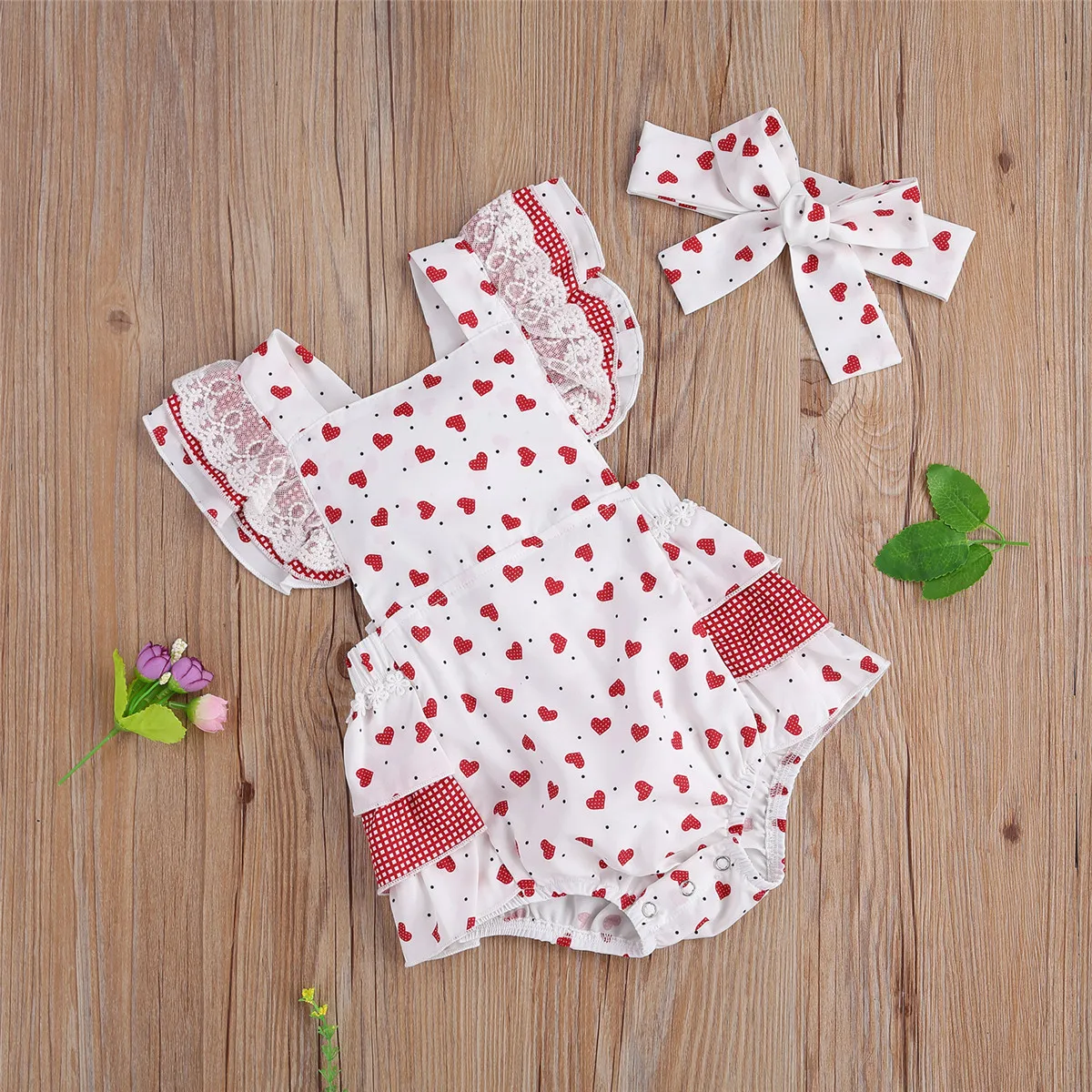 

Summer Toddler Girls Round Collar Romper, Baby Flying-sleeve One Piece Bodysuit with Bow Headdress, Love Printing Playsuit