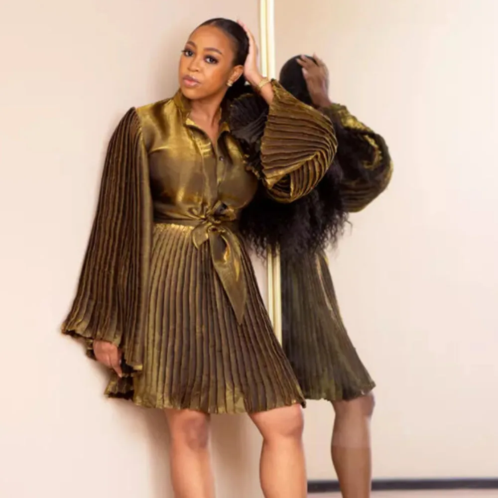 

Autumn New 2021 Solid Color Fashion Womens Dress Pleated Long Sleeve High Waist V-neck Temperament Simplicity Ladies Dress