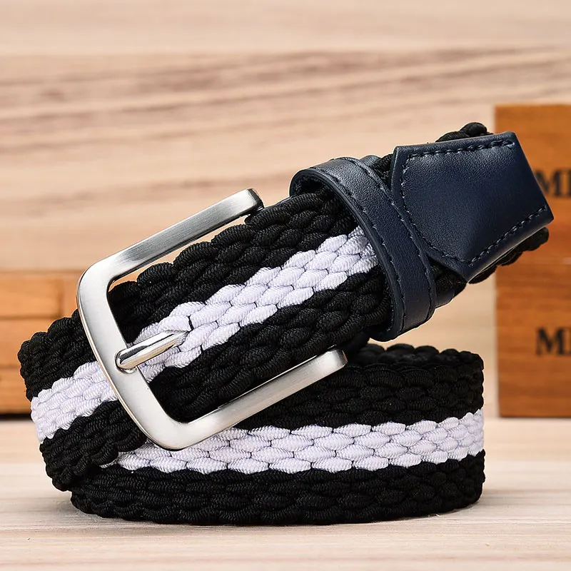 Fashion Casual Stretch Woven Belt With Leather Tip Top Elastic Belts For Men Jeans Mixed Color Braided Strap Zinc Alloy Buckle - Цвет: Black White