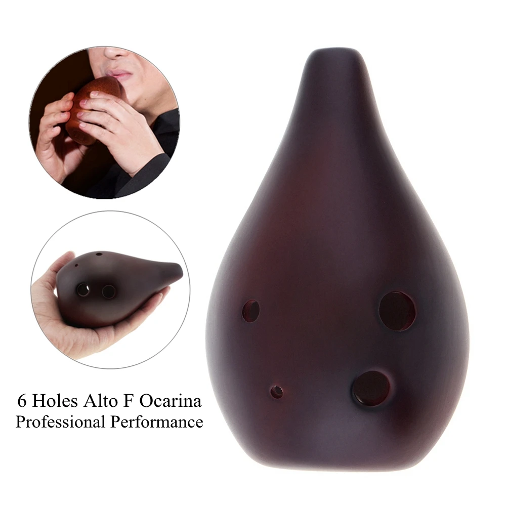 

6 Holes Alto Tone F Ocarina Ceramic Black Pottery Smoky Glaze Flute Instrument with Hang Rope for Professional Performance