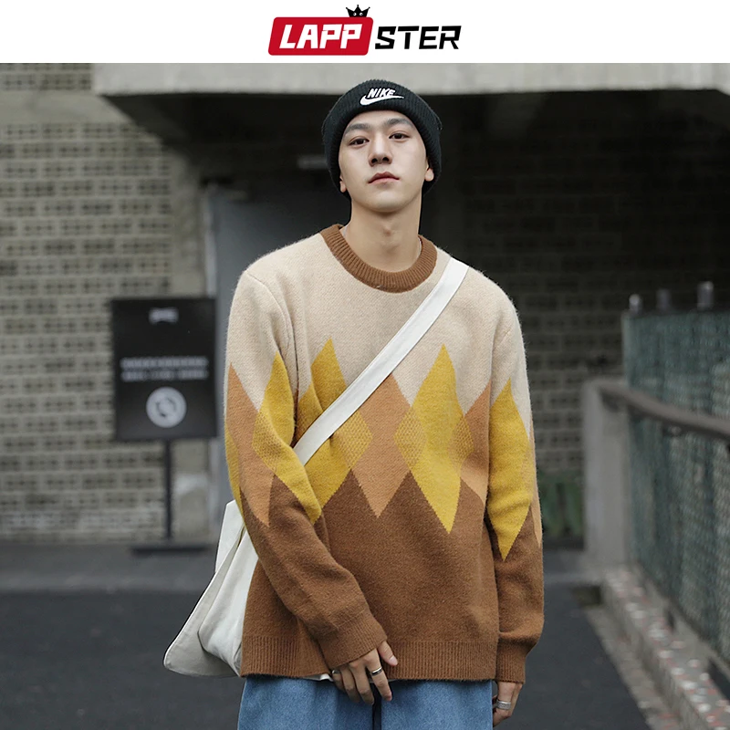 

LAPPSTER Men Argyle Harajuku Oversized Sweater 2022 Mens Korean Fashion Knitted Patchwork Pullovers Man Vintage Casual Sweaters