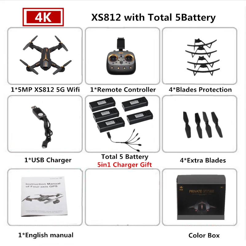 5 Color Box 4K VISUO XS812 Радиоуправляемый Дрон 4K gps Дроны с 5G WiFI FPV камера Вертолет следим за мной складной Квадрокоптер VS F11 SG906 - Цвет: 5 Color Box 4K