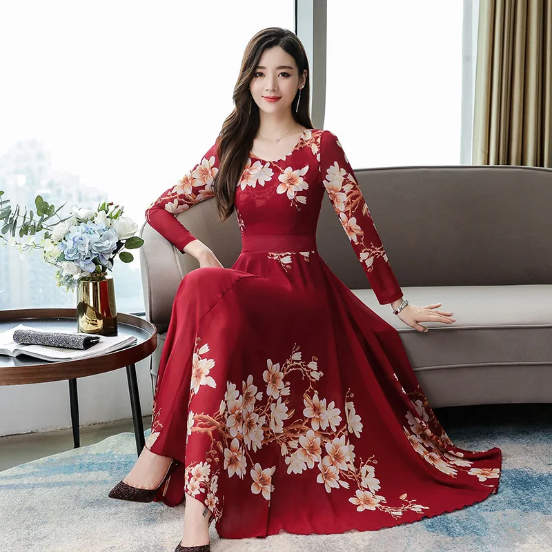 

2021 New women's fashion early autumn temperament long-sleeved chiffon dress in the long flower skirt