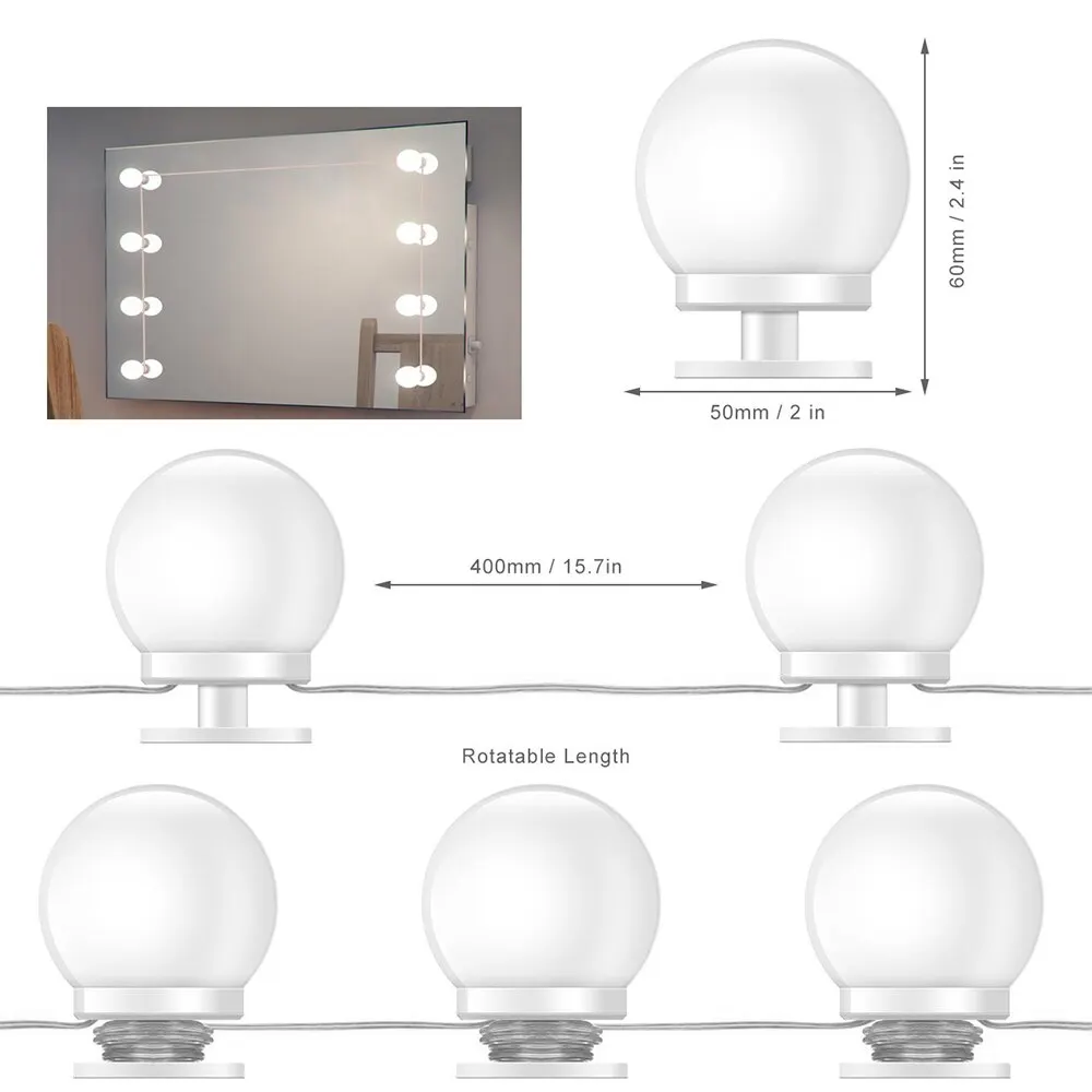 12V LED Makeup Mirror Light Hollywood Vanity Lights Stepless Dimmable 10 Bulbs Kit Wall Lamp for Indoor Dressing Table Bedside | Освещение