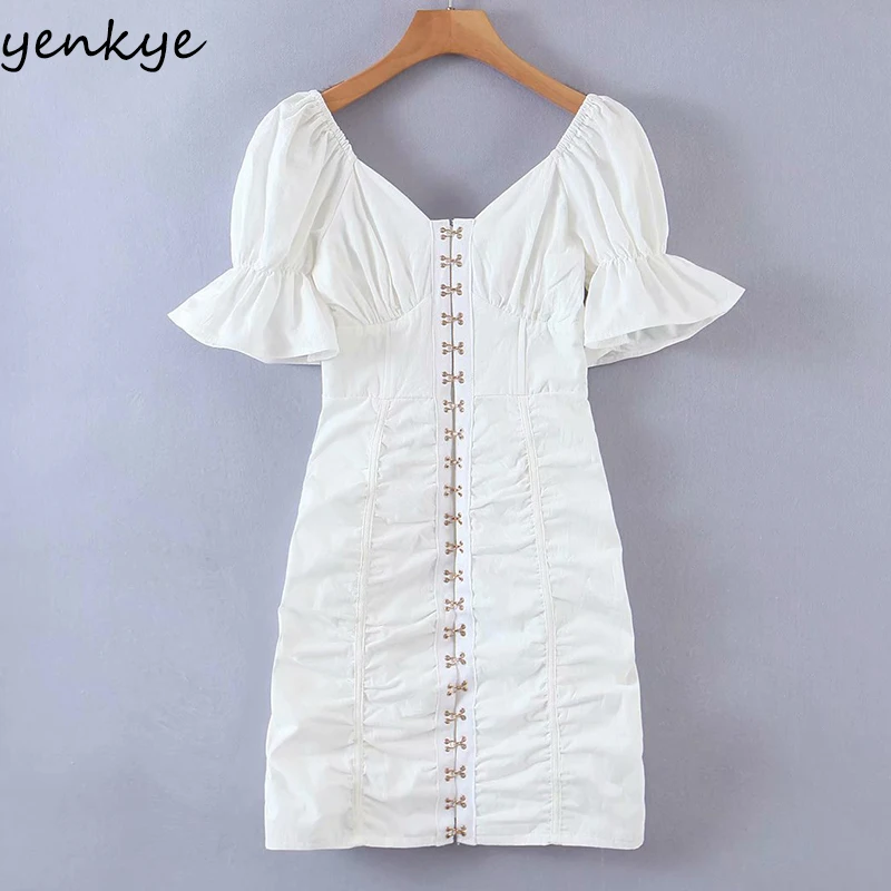 

YENKYE New Fashion Women Sexy White Dress Romantic V Neck Puff Sleeve Ruched Bodycon Mini Dress Summer Party Vestido Mujer