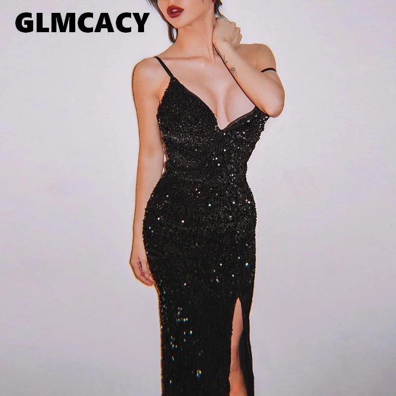 Женское длинное платье без рукавов с пайетками высоким разрезом Спагетти ремень
