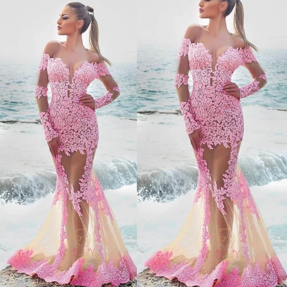 

SuperKimJo Vestidos De Fiesta De Noche Pink Evening Dresses Long Sleeve Modest Lace Applique Elegant Sexy Formal Dresses