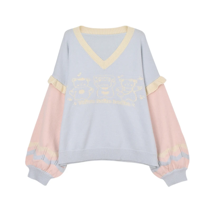 

Autumn Lovely Mori Girls Knitted Sweaters For Women Kawaii Graphic Printed Bishop Sleeve Pullover Japanese V-Neck Loose Jumper