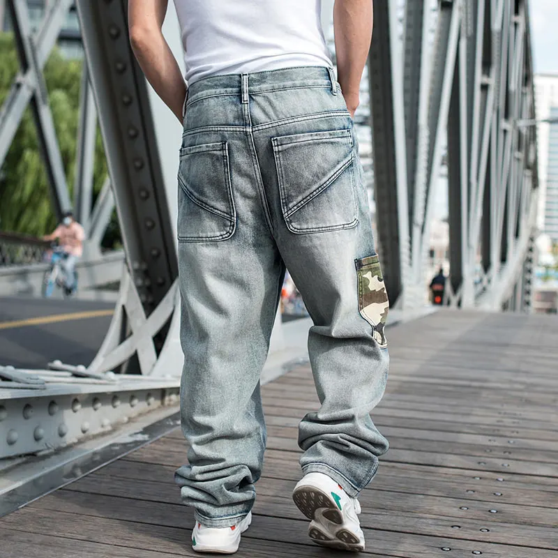 

2021 Loose Jeans Men Denim Pants Baggy Straight Camouflage Pocket Hip Hop Skateboard Light Blue Wide Leg Trousers Large Size 46