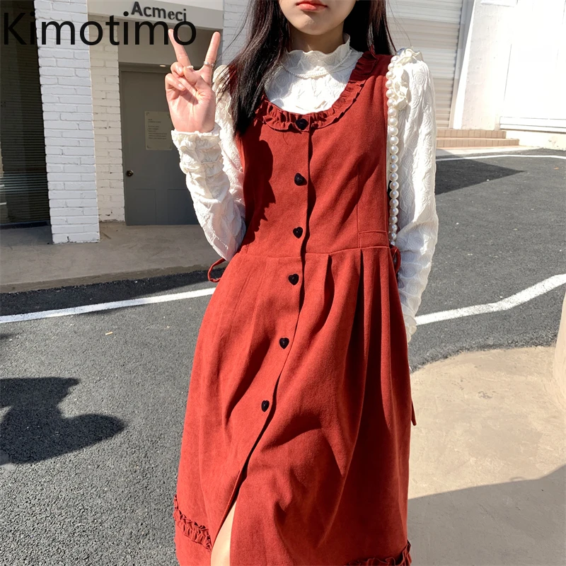 

Винтажное красное вельветовое платье Kimotimo на бретельках, женское осенне-зимнее темпераментное однобортное дизайнерское ТРАПЕЦИЕВИДНОЕ ПЛ...
